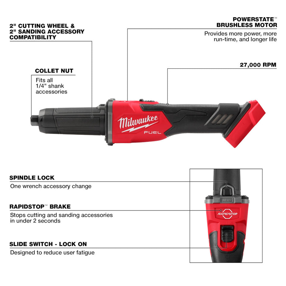 Milwaukee 2939-20 M18 FUEL Braking Die Grinder Slide Switch (Tool only)