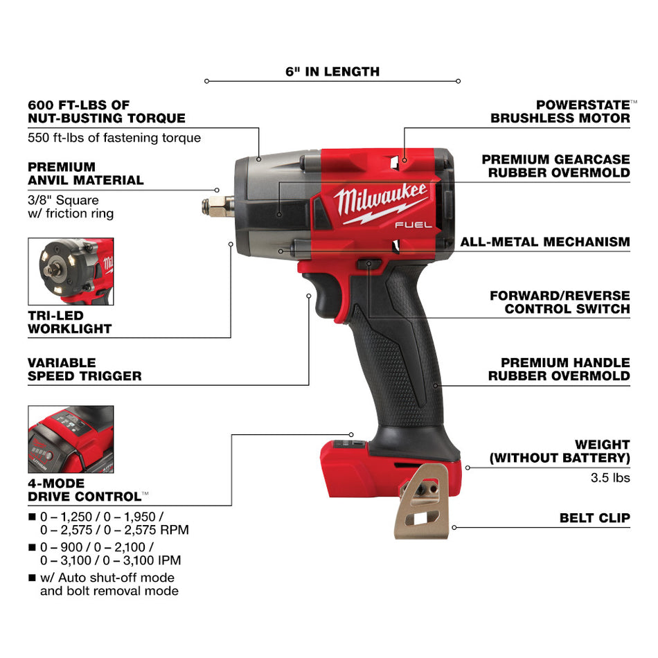 Milwaukee 2960-20 M18 FUEL 3/8" Mid-Torque Impact Wrench w/ Friction Ring (Tool only)