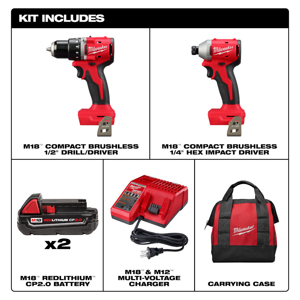 Milwaukee 3692-22CT M18 Compact Brushless Drill & Impact Driver
