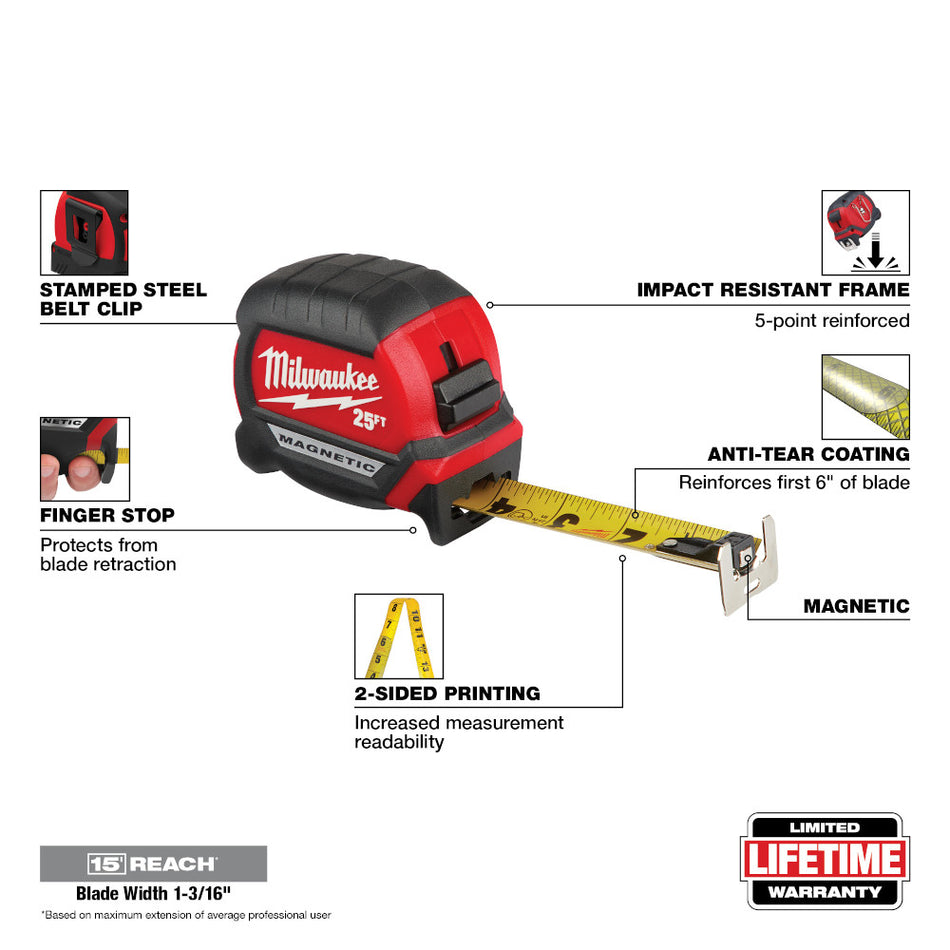 Milwaukee 48-22-0325 25' Compact Wide Blade Magnetic Tape Measures