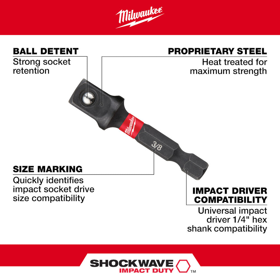 Milwaukee SHOCKWAVE 1/4" Hex to 3/8" Square Socket Adapter - Bulk