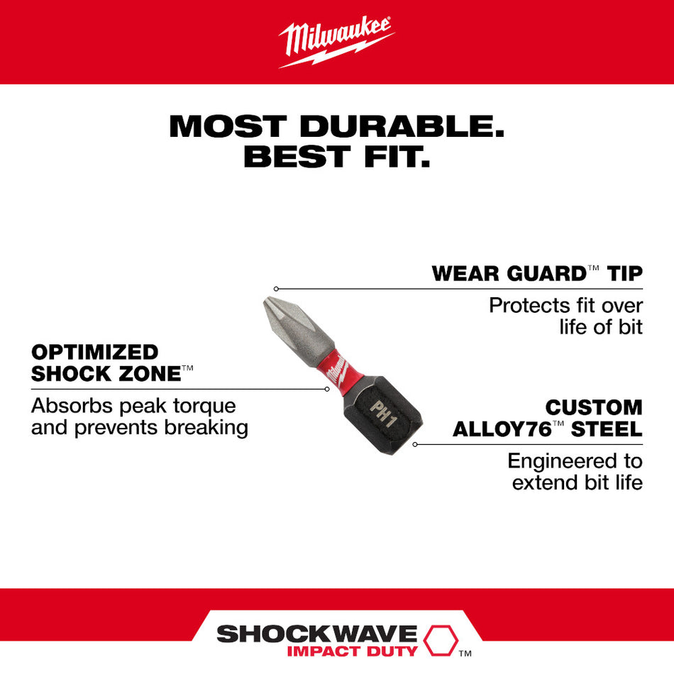 Milwaukee 48-32-4281 Shockwave Impact Phillips #2 x 1" Bits - 250 bulk