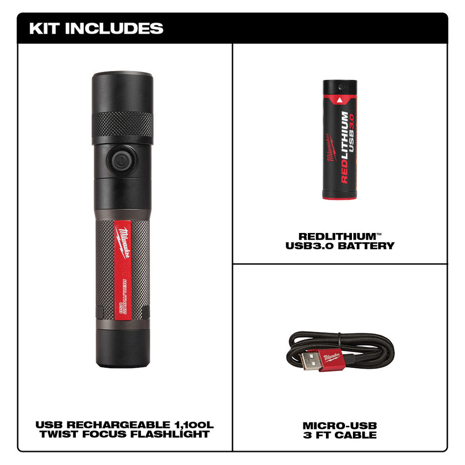 Milwaukee 2161-21 REDLITHIUM USB 1100L Twist Focus Flashlight