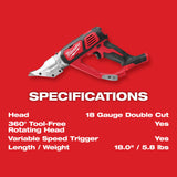 Milwaukee 2635-20 M18 18 Gauge Double Cut Shear (Tool Only)