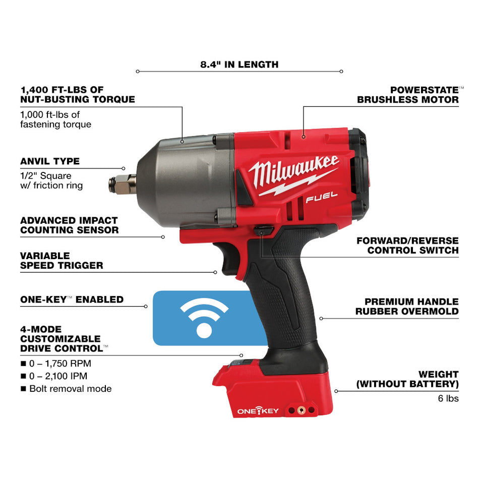 Milwaukee 2863-20 M18 FUEL w/ ONE-KEY High Torque Impact Wrench 1/2" Friction Ring