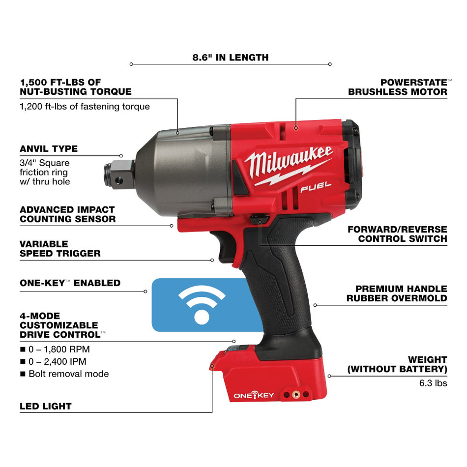 Milwaukee 2864-20 M18 FUEL w/ ONE-KEY High Torque Impact Wrench 3/4" Friction Ring Bare Tool