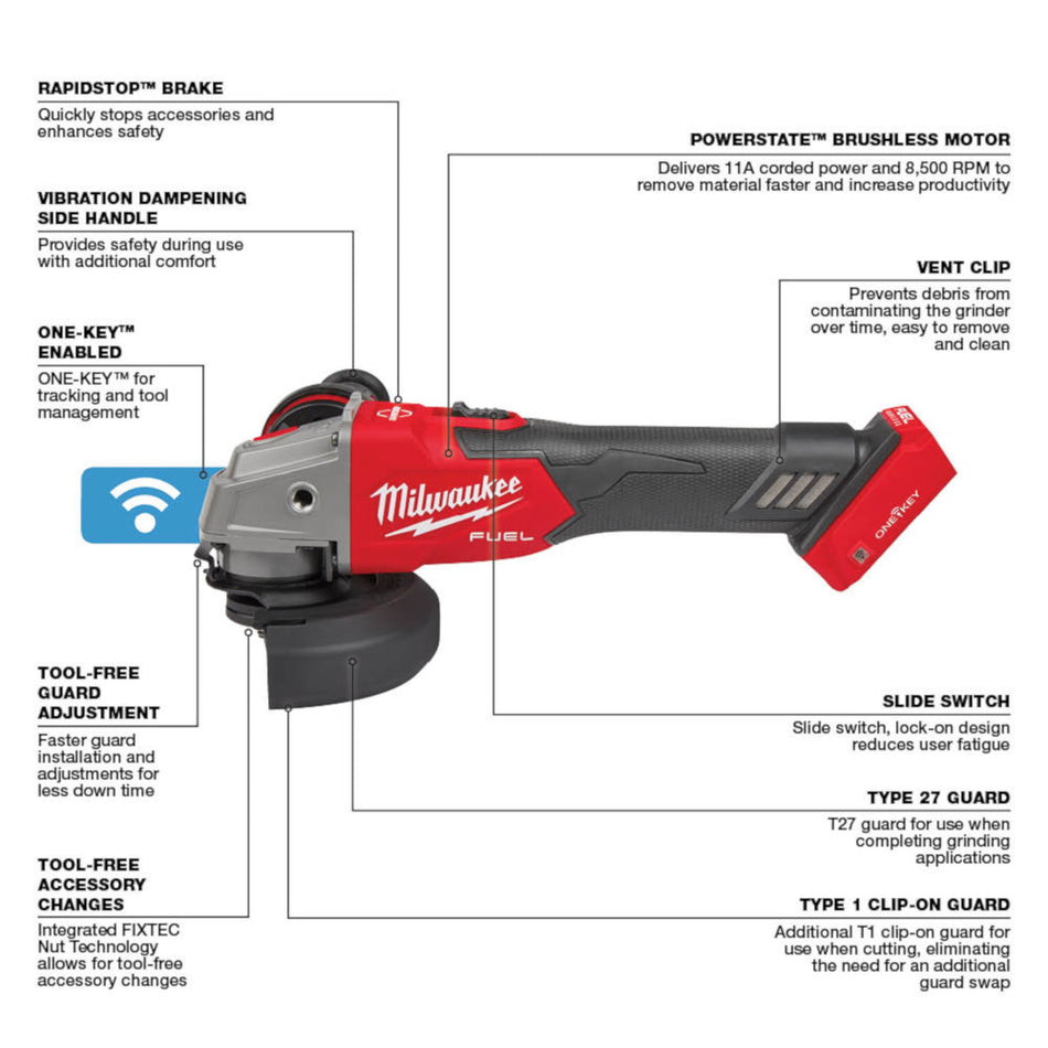 Milwaukee 2883-20 M18 FUEL 4-1/2" / 5" Braking Grinder w/ ONE-KEY Slide Switch, Lock-On (Tool Only)