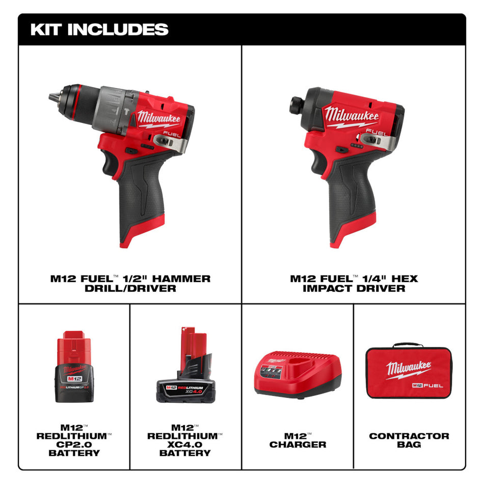 Milwaukee 3497-22 M12 FUEL 2-Tool Hammer Drill/Driver & Hex Impact Driver Combo Kit
