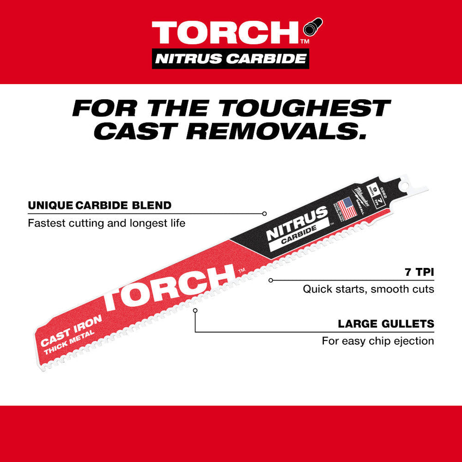 Milwaukee 9" 7 tpi SAWZALL TORCH Blades with Nitrus Carbide for Cast Iron - 1 pack