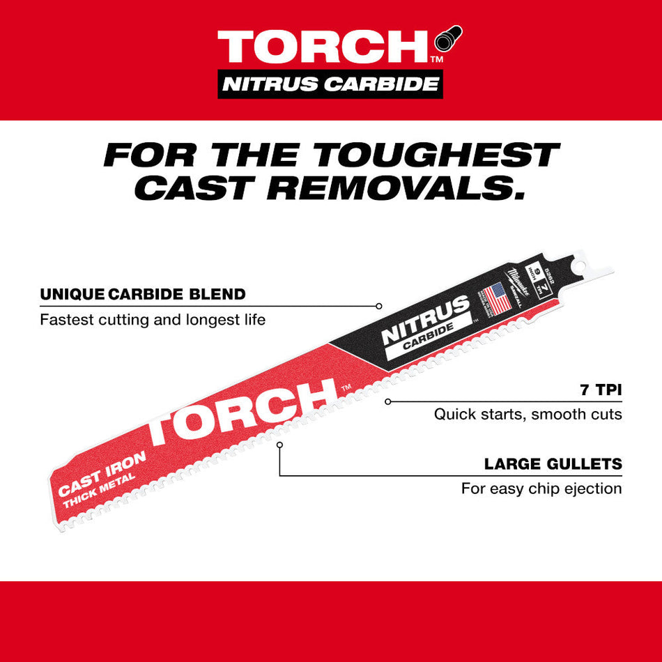 Milwaukee 6" 7 tpi SAWZALL TORCH Blades with Nitrus Carbide for Cast Iron - 1 pack
