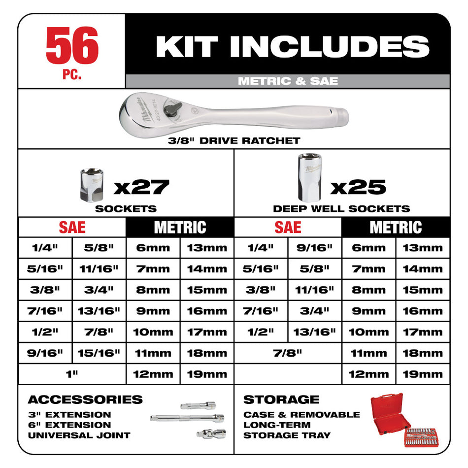 Milwaukee 48-22-9008 3/8" DR 56pc Ratchet & Socket Set - SAE & Metric