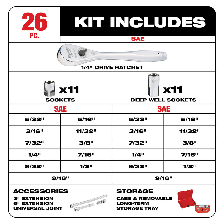 Milwaukee 48-22-9404 1/4" DR 26pc Ratchet & Socket Set - SAE