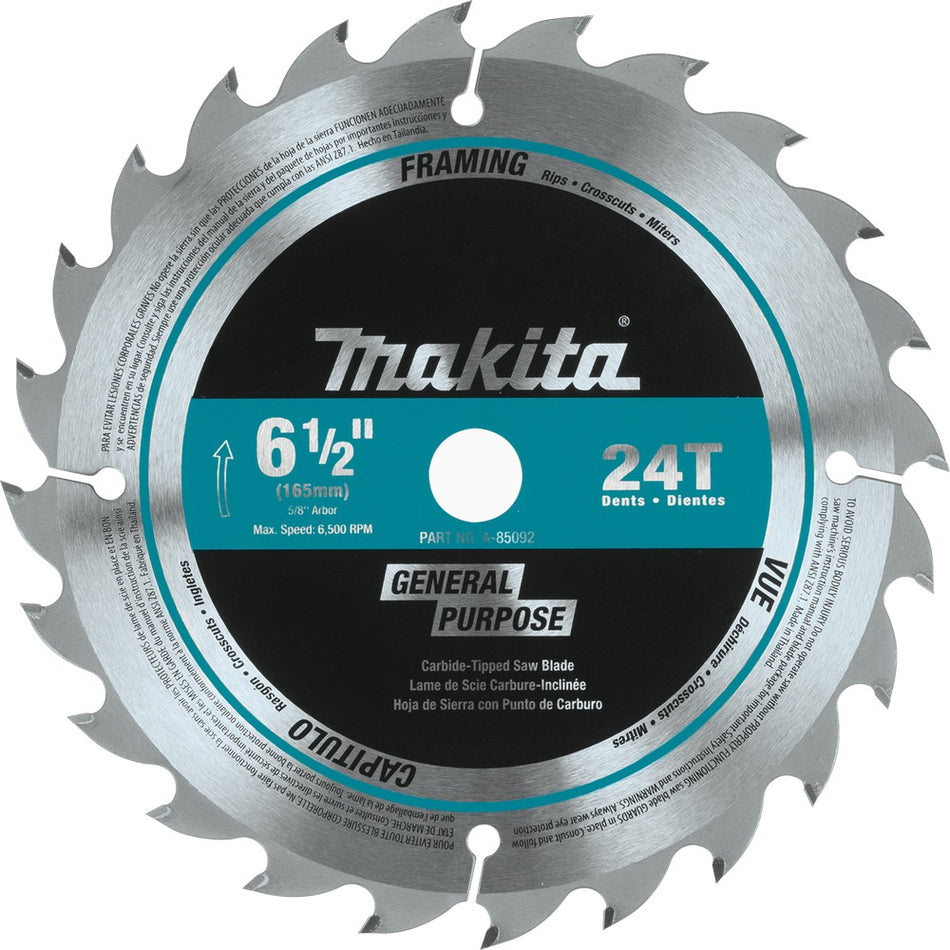 Makita 6-1/2" 24T Carbide-Tipped Circular Saw Blade, General Purpose - A-85092