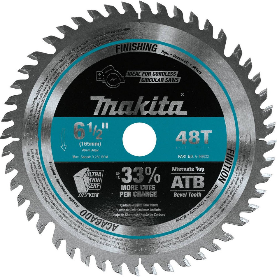 Makita 6-1/2" 48T Carbide-Tipped Cordless Plunge Saw Blade A-99932