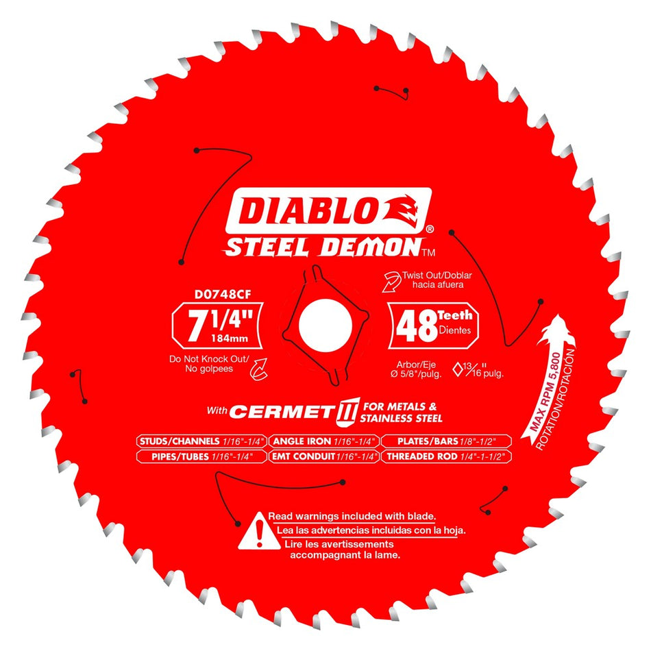 Diablo D0748CF 7-1/4" 48T Cermet II Saw Blade for Metals and Stainless Steel - Bulk