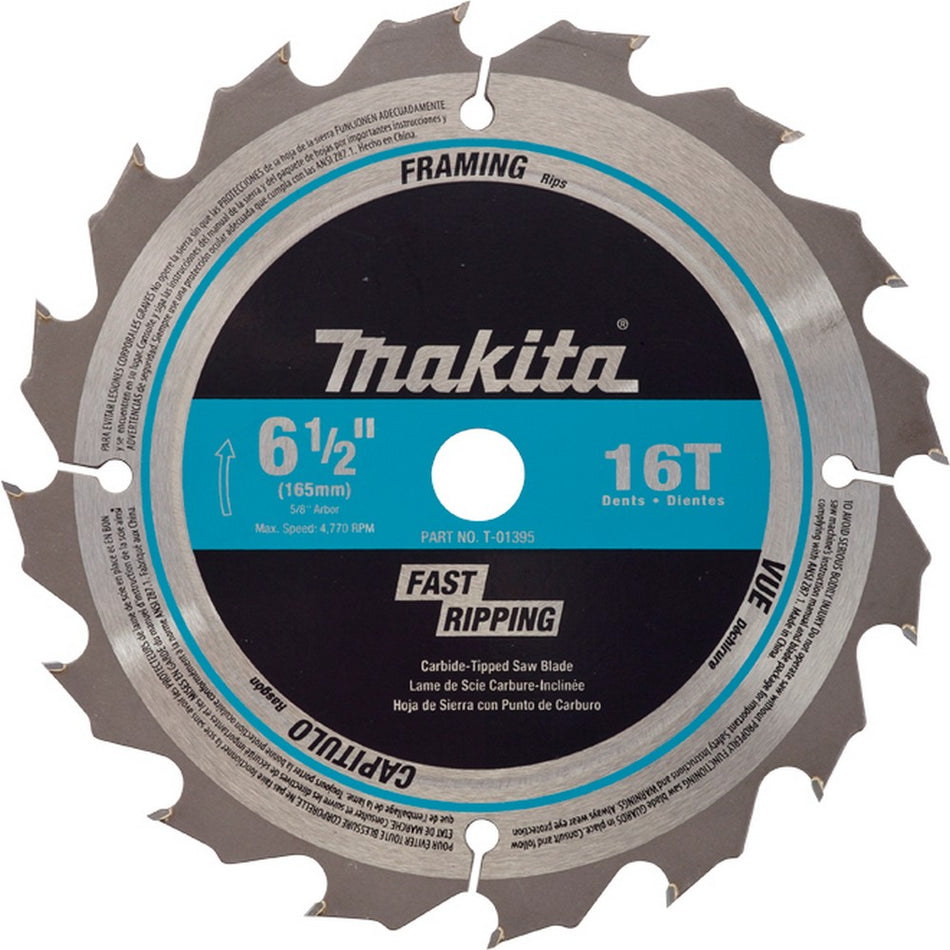 Makita T-01395 6-1/2" 16T Carbide-Tipped Circular Saw Blade, Framing