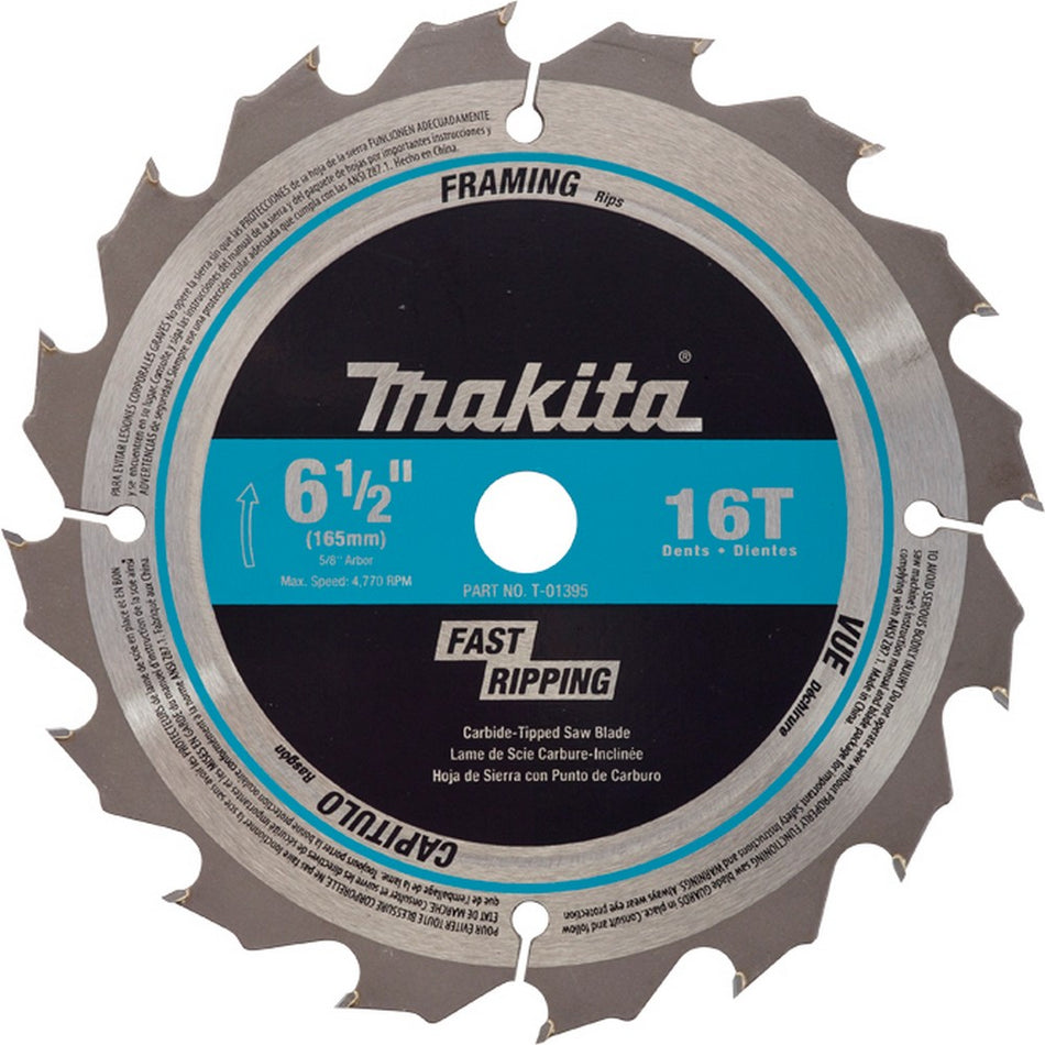 Makita T-01395 6-1/2" 16T Carbide-Tipped Circular Saw Blade, Framing