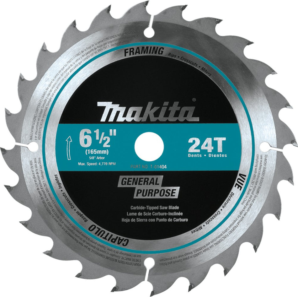 Makita T-01404 6-1/2" 24T Carbide-Tipped Circular Saw Blade, Framing