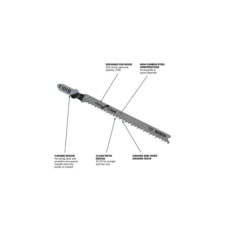 Bosch T101B 4" 10-TPI Clean Wood Cutting T-Shank Jig Saw Blades - 5 pack